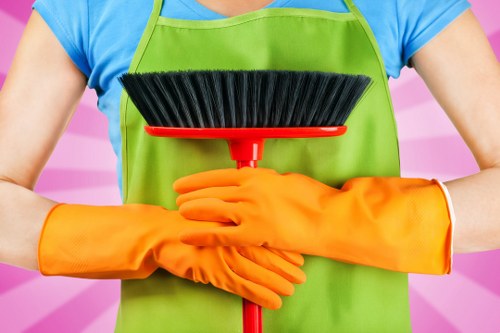 Cleaner treating a carpeted room before steam cleaning