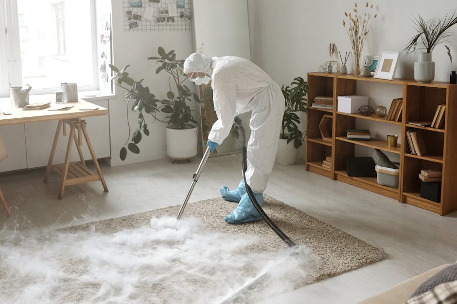 A professional cleaner dressed in a white protective suit, gloves, face mask, and shoe covers is performing surface cleaning on a beige area rug inside a living room. The cleaner is using a steam cleaning machine with a black hose to deep clean the plush carpet. The room features a wooden bookshelf with decorative items, plants, and framed pictures along one wall, illuminated by natural light from a large window with sheer curtains. The floor is light-colored laminate or vinyl, and the cleaning process results in a visible area of foam and steam. The setting emphasizes hygienic and effective cleaning practices by Carpet Cleaners Ilford, focused on maintaining a clean and sanitized home environment.