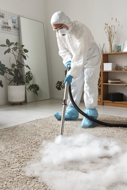 A professional cleaner dressed in a white protective suit, gloves, face mask, and shoe covers is performing surface cleaning on a beige area rug inside a living room. The cleaner is using a steam cleaning machine with a black hose to deep clean the plush carpet. The room features a wooden bookshelf with decorative items, plants, and framed pictures along one wall, illuminated by natural light from a large window with sheer curtains. The floor is light-colored laminate or vinyl, and the cleaning process results in a visible area of foam and steam. The setting emphasizes hygienic and effective cleaning practices by Carpet Cleaners Ilford, focused on maintaining a clean and sanitized home environment.